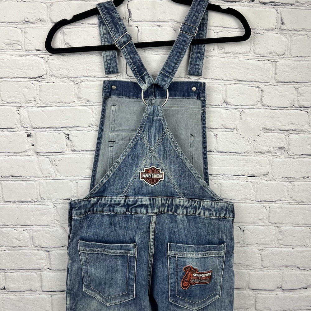 Harley Davidson Overalls Y2K Flare Leg Women's Sz 6 Patches Faded Logo Authentic - Picture 7 of 16